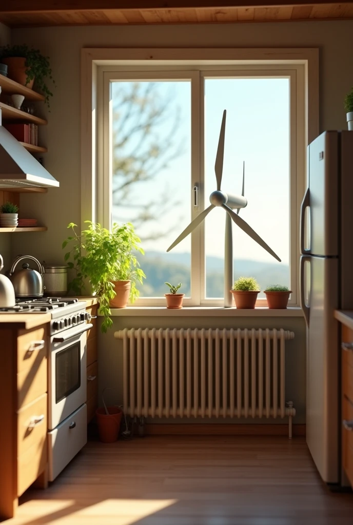 Show me an image of a windmill producing electrical energy and at the same time by cables, This electrical energy makes a cooking stove work and above this stove there is a kettle that produces thermal energy, Everything inside a house except the mill
