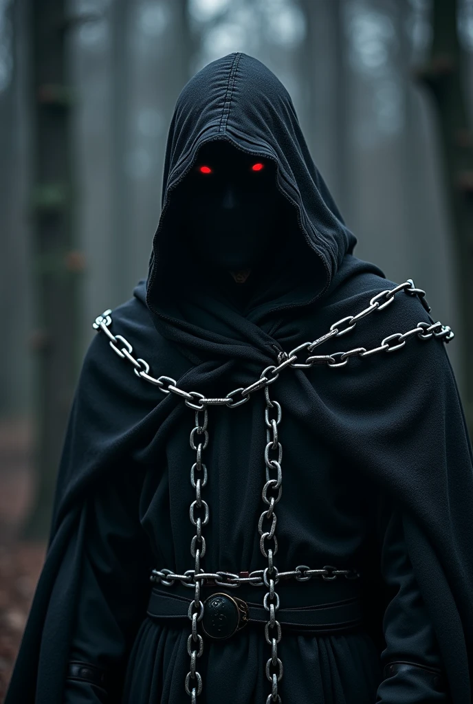 Emphasizing the chain、A jet-black assassin clad in chains、Medieval Assassin、((Silver chains floating in the dark night))、Red eyes、Black hood