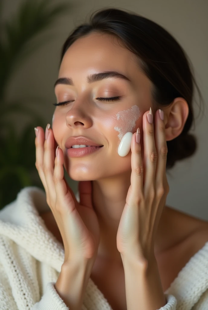 WOMAN APPLYING CREAM ON HER FACE