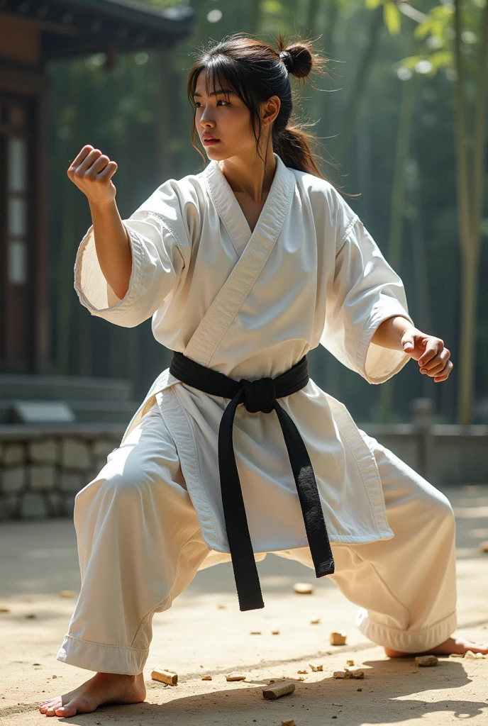 (((Have perfect anatomy、Carefully drawn limbs))),(((Capture the essence of the action、Don't miss the photo opportunity))),Beautiful Karateka Shiho,(A graceful hitting form with a low center of gravity),Japan指折りのアスリート,A fluid and powerful core,(((He is wearing white long sleeves, Wearing a long-hem karate uniform、He proudly wears his well-worn black belt..))),Deep concentration,Martial Arts Master,Japan,Extreme Vacuum Hand,Accurate kicks and strikes,Splashes of sweat,Strength and discipline,defender of peace and justice,Sharp reflexes,Controlled breathing,Dojo training,Mental and physical balance,harmony of mind and body,Aiming for perfection,strategic combat,dynamic fighting techniques,Strong stance,rippling muscles,energetic punches and kicks,Focused gaze,Resolute expression,zen-like concentration,Split wooden boards skillfully and quickly,Well thought out training sessions,Strict discipline,competitive tournament,White on white color scheme,Karate Master,Karate as a way of life,Intense exercise,Energy explosion,Conscious Use,trip,Fierce determination,unwavering,Battle-hardened karate artist,bamboo forest,Destroy your opponent with precision,lead by example,Indomitable,Perfect technique execution,Embodying the essence of karate.Deep depth of field with the Nikon D5,F-stop 1.4. Shutter speed 500/1. Capture cinematic moments at ISO 100,