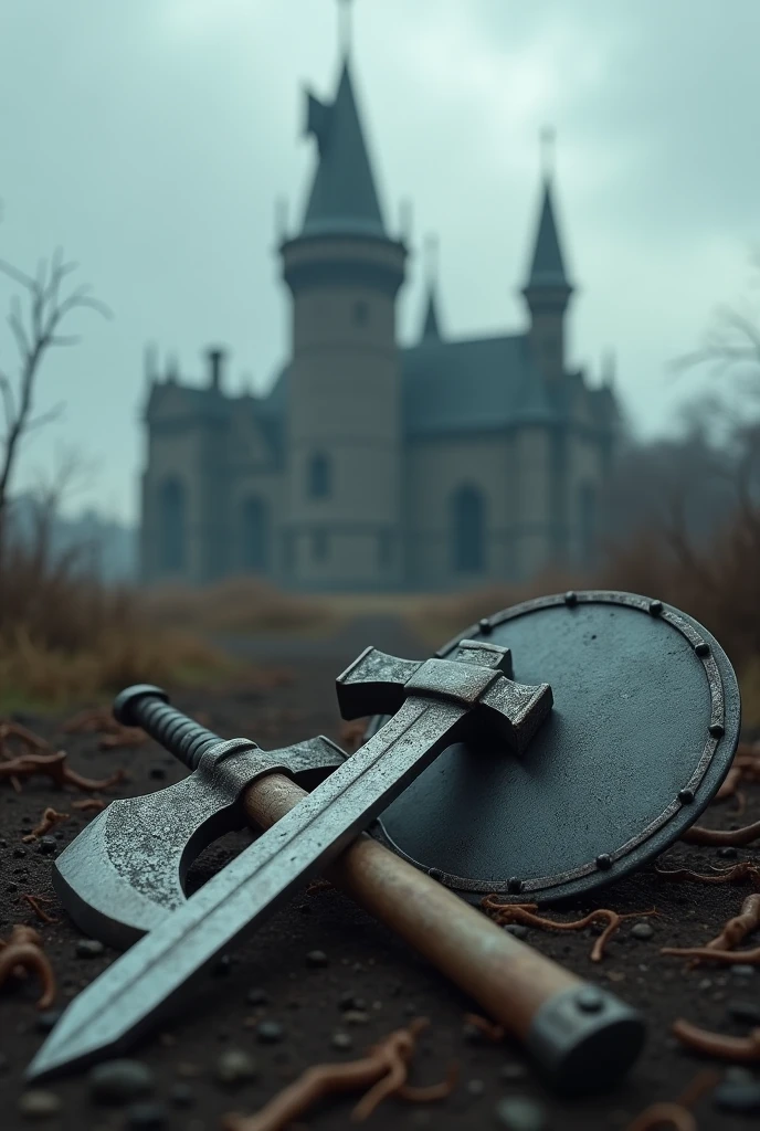 You can create two axes, A sword and a metal shield on the ground and in the background a gothic castle?