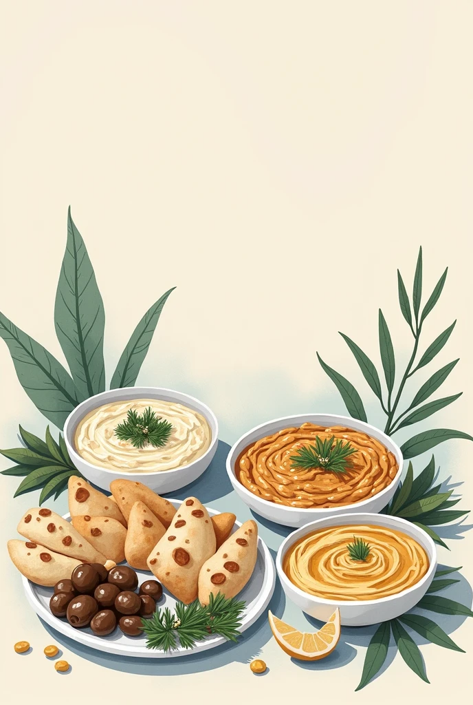 Hummus and Israeli starters in pastel blue tones illustrated on cream beige background