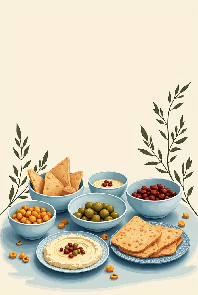 Hummus and Israeli starters in pastel blue tones illustrated on cream beige background