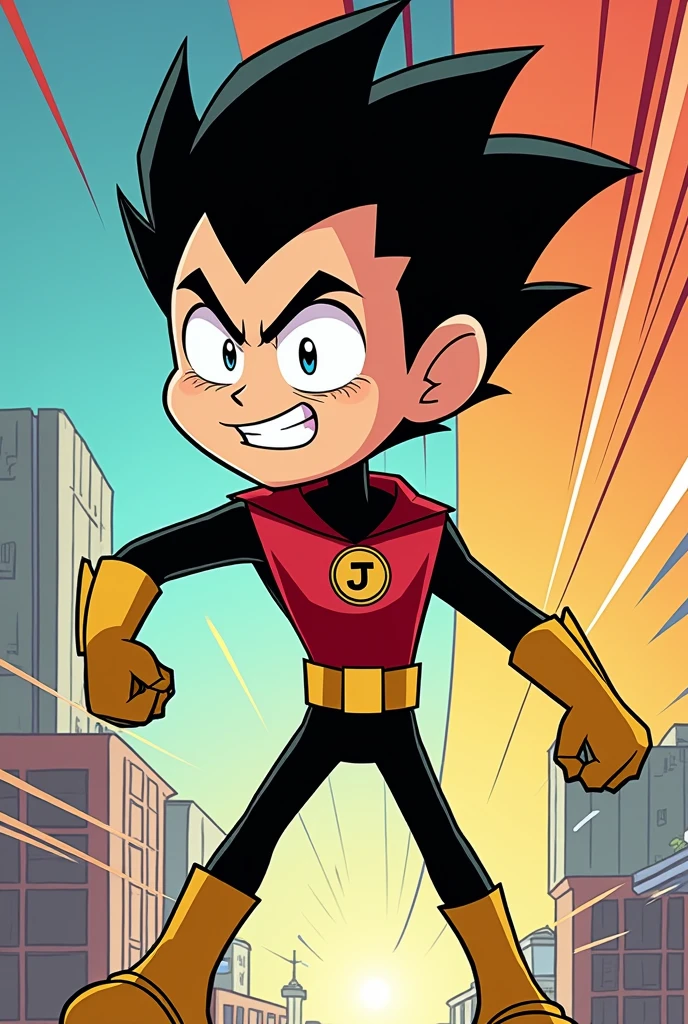 Thin but muscular black haired teen boy and I want the style to be like the teen titans go