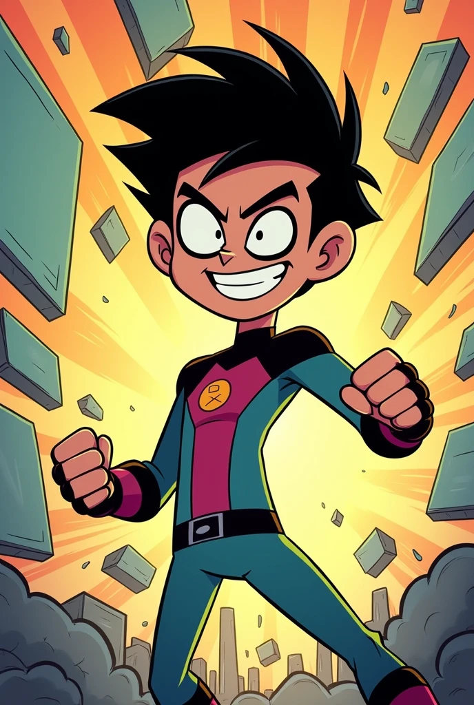 Thin but muscular black haired teen boy and I want the style to be like the teen titans go