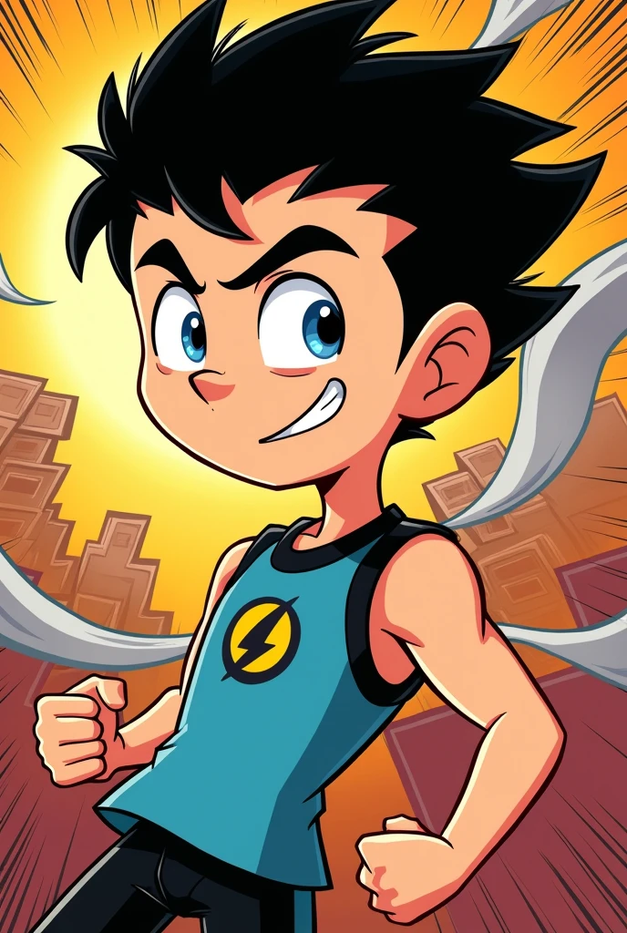 Thin but muscular black haired teen boy and I want the style to be like the teen titans go
