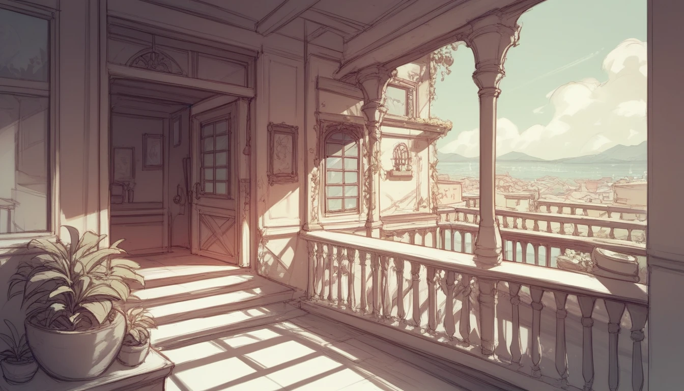 An interior design sketch of balcony. While the rest of the sketch remains in black and white.