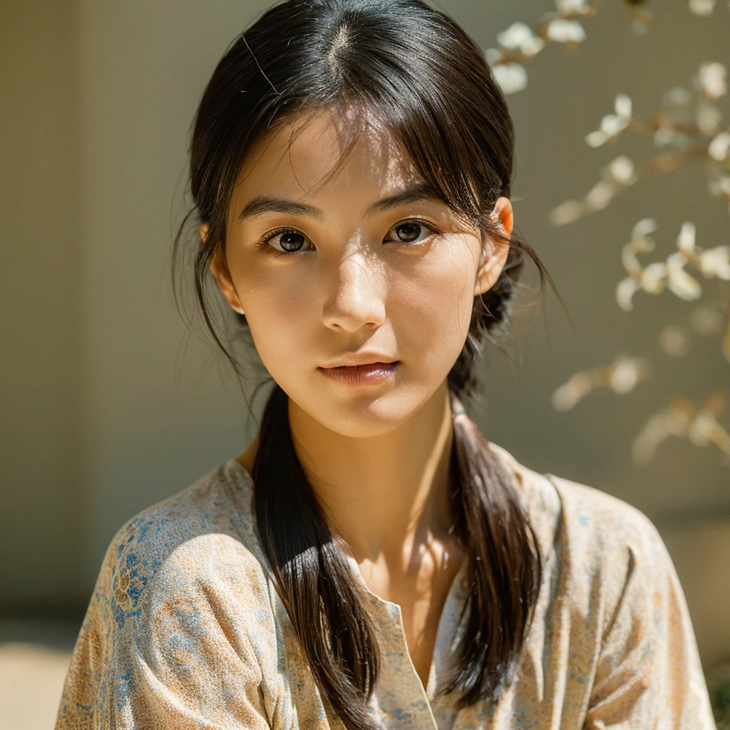 A hyper-realistic image of a single Japanese woman in her early 20s, captured from the shoulders up with the nostalgic warmth and subtle graininess of a film camera. She is wearing a traditional yukata with intricate floral patterns in soft pastel colors, and a subtly textured obi tied in a classic style. The fabric of the yukata appears naturally lightweight, with visible wrinkles and folds that enhance its realism, elegantly draped over her shoulders. Her skin has a warm beige tone with a distinctly natural, slightly rough texture, featuring visible pores, fine lines, minor blemishes, and small areas of unevenness that embrace the imperfections of real skin. The lighting is soft and subdued, mimicking gentle, diffused natural light typical of an overcast day or early evening, casting delicate shadows that add depth and highlight the contours of her face, such as the subtle curves of her cheekbones, nose, and jawline. The interplay of light and shadow from her hair creates a natural gradient on her face, further enhancing the three-dimensional quality of her features. Her straight, glossy black hair frames her face naturally, with strands casting soft shadows that contribute to the realistic depiction of light interacting with her skin. Her deep brown eyes reflect the ambient light subtly, adding to the authenticity and depth. The film camera effect introduces a noticeable grain and soft focus, providing a warm, nostalgic atmosphere while maintaining the raw, lifelike quality of her skin and hair. The overall composition captures her serene and understated elegance, emphasizing the realistic textures of the yukata, the nuanced play of light and shadow, and the authentic imperfections that make her beauty truly lifelike.
