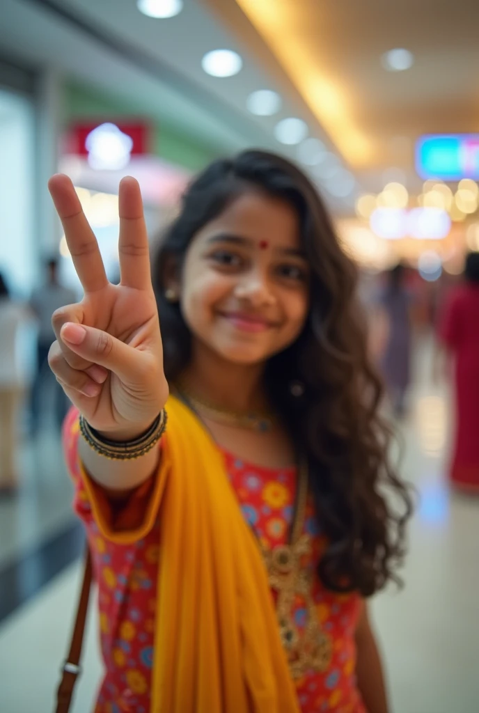 a 1 indian girl posing holding up 2 finger in a mall with out showing her face