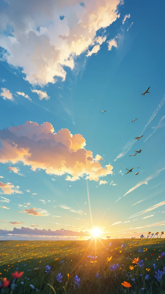 Sun rising in a deep blue sky, with white clouds moving in the sky, The sun casts a brilliant glow over a green field filled with vibrant wildflowers, while two birds fly free and carefree in the sky, symbolizing hope and freedom.