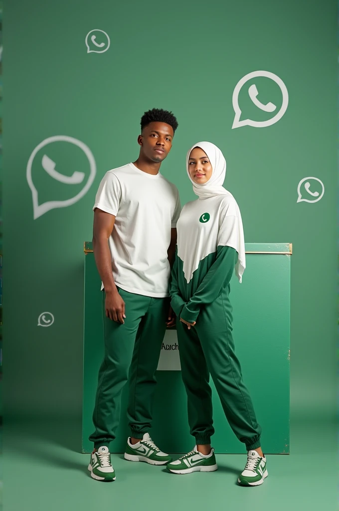 realistic photo,handsome man and beautiful woman have. 20 years old wearing a white hijab with the WhatsApp logo saying ONCO official.wearing green pants green Jordan shoes. WhatsApp background berdiri di depan nama ACHYR box persegi panjang berlogo ACHYR. WhatsApp background. 3d realistic