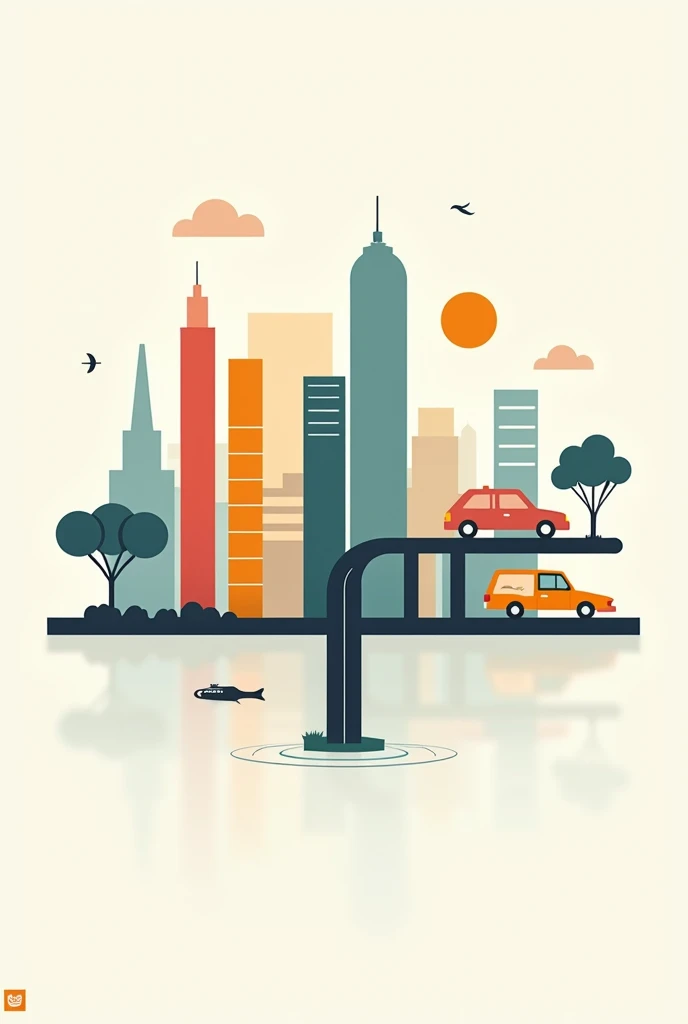 minimalist flat city vector illustration, colored 