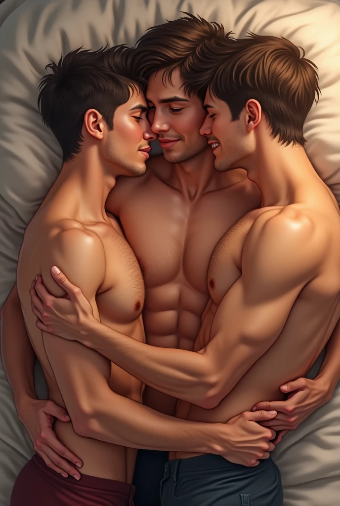 Group of 3 young men hugging each other lying on a bed shirtless gay art ! Handsome chest hair with short hair