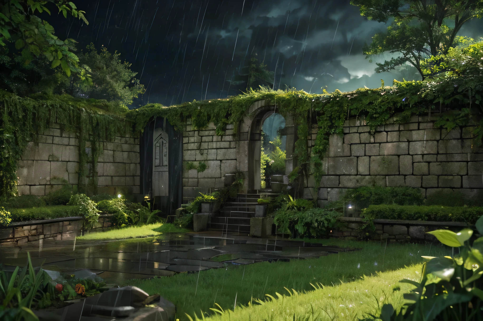 「A stormy night with heavy rain、A close-up of Link from The Legend of Zelda。The stone walls are rough and old.、Weathering is noticeable、Ivy is attached to the surface。Link's face is partially illuminated by the moonlight.、The soft shadows accentuate his focused expression.。The elven ears and determined gaze were clearly visible.、Raindrops on my cheeks reflect the surrounding light。The background is dark and gloomy、The castle walls rise、Enhances the sense of scale and depth。」