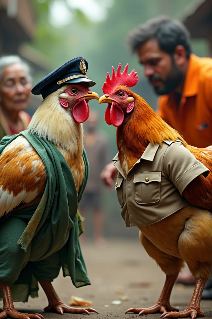 A hen with police costume and another with student constume fighting the owners of the hens ar An old women in green border white sharee and a chubby men in orage srirt respectively