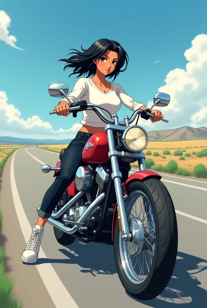 "A tan-skinned anime girl with black hair and honey-colored eyes. She is wearing a white long-sleeve shirt, black jeans, and white sneakers. She is perched on a black 1980 chopper motorcycle, which is shown in full detail, emphasizing its classic design. The motorcycle is viewed from the side. The background features an open road extending into the horizon under a clear sky. The scene is dynamic and stylish, with the girl exuding confidence. The image should be 400 x 400 pixels in size."