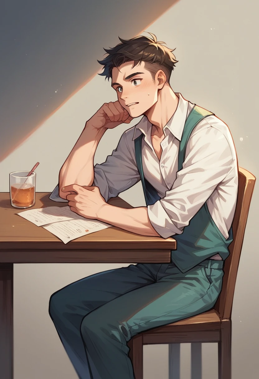 A young man sitting on a chair table looking straigtHd realistic image