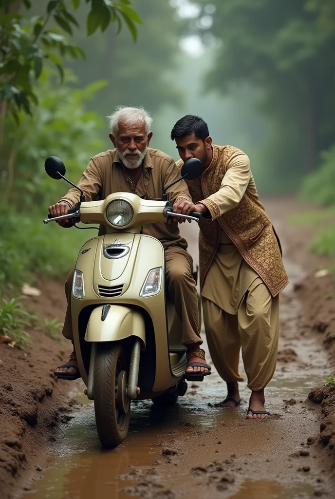 Ek uncle hai jinko scooter kichad mein fas gaya hai agar ek ladka aata hai jismein apni shaadi ki sherwani pahani hai vah uncle ko piche se scooter ko dhakka dene mein help Karta hai kichad se nikaalne ke liye