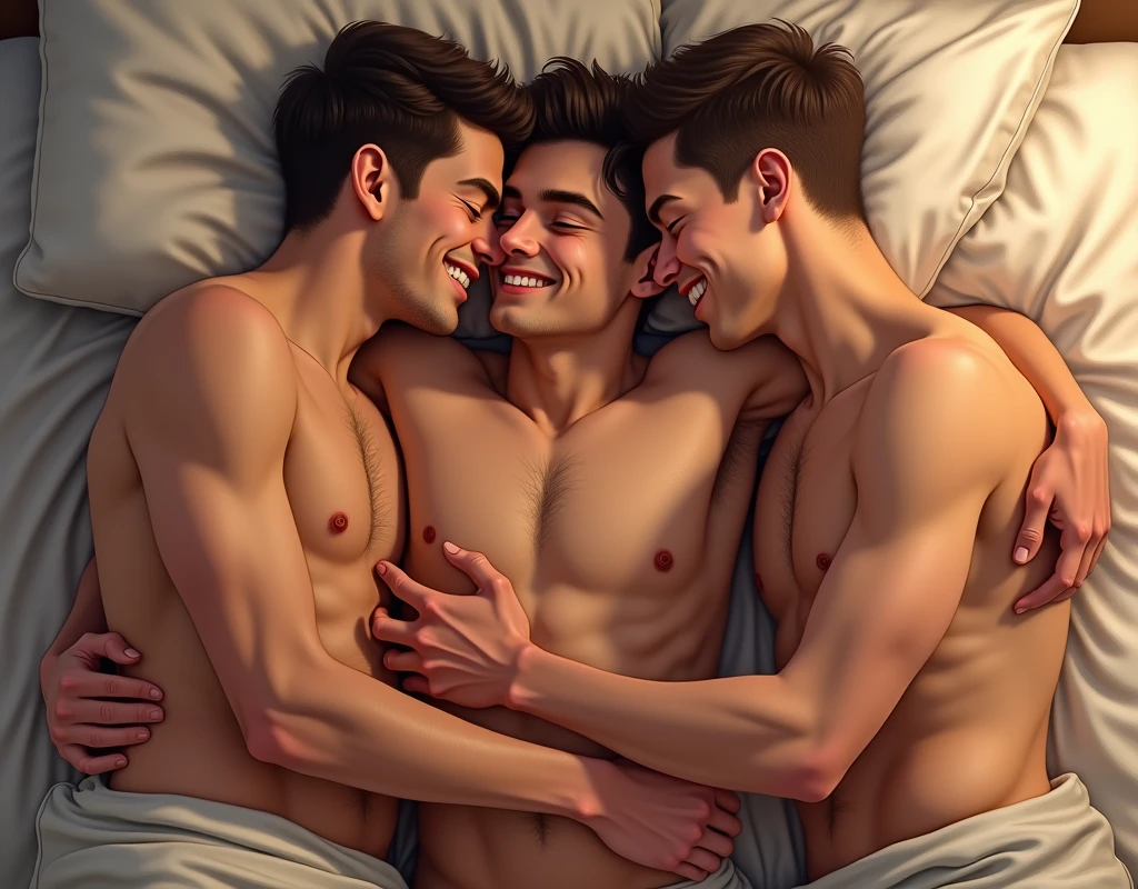 Group of 3 young men hugging each other lying on a bed shirtless gay art ! Handsome chest hair with short hair