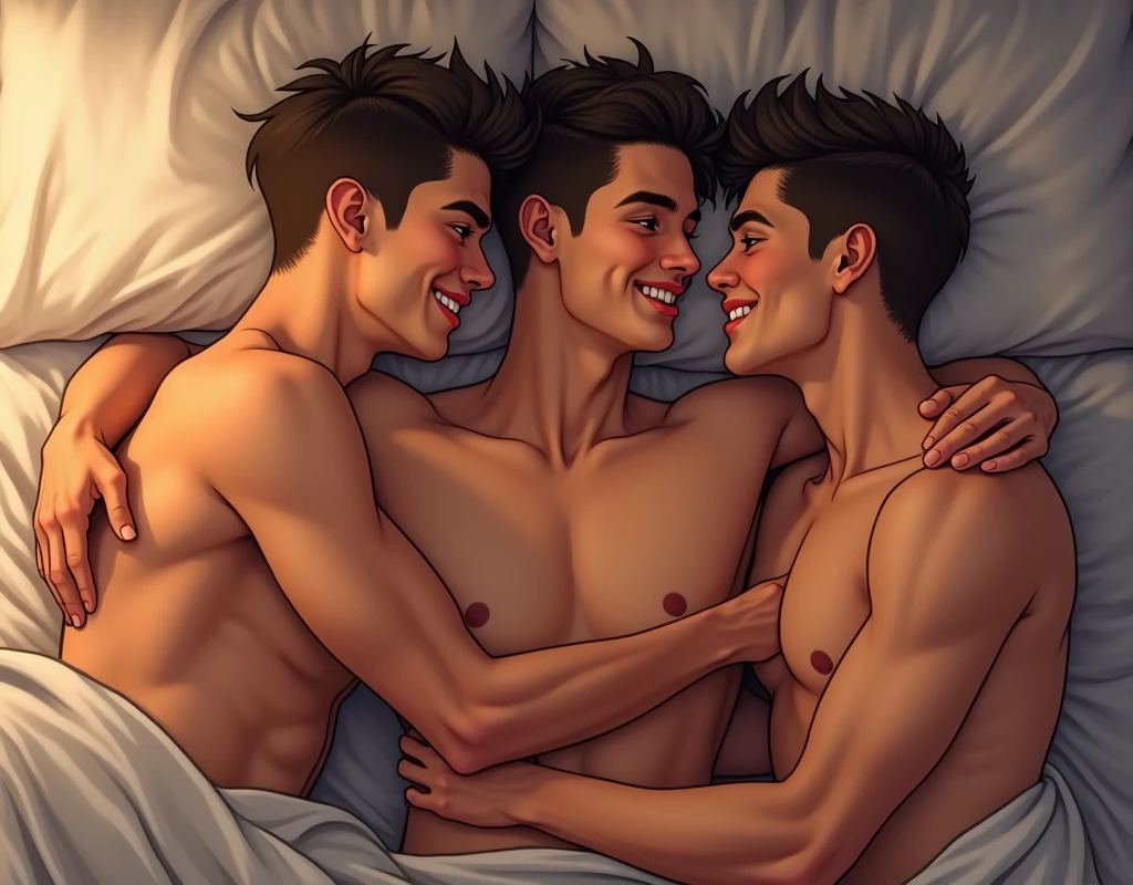 Group of 3 young men hugging each other lying on a bed shirtless gay art ! Handsome chest hair with short hair