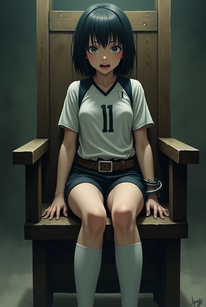 Genuine armchairs girl、Strapped into one of a row of old wooden electric chairs。. Black short hair Watching from afar volleyball uniform White knee socks Leather Belt Knee-high socks Severe pain Are crying 目を大きく開いてAre crying 大量のtears tears Glare handcuffs bondage Electric shock Wide-open legs No tattoos