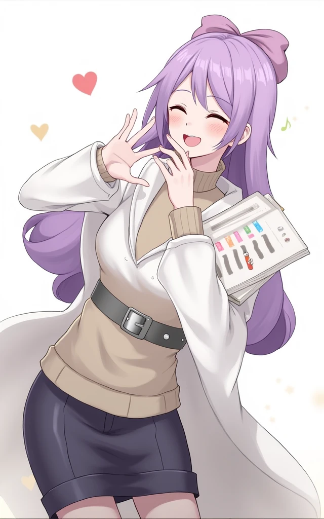 (Daisaku),(Need),(Super meticulous),(full bodyesbian:1.2),1girl,tchibi,adolable,ssmile,open-mouth smile, open-mouth smile,Light blue background,Raise your right hand,Hold a pencil in hand,Hold a book in your left hand,Music,Pink berets,cloak,The shirt, (short detailed:1.3)
