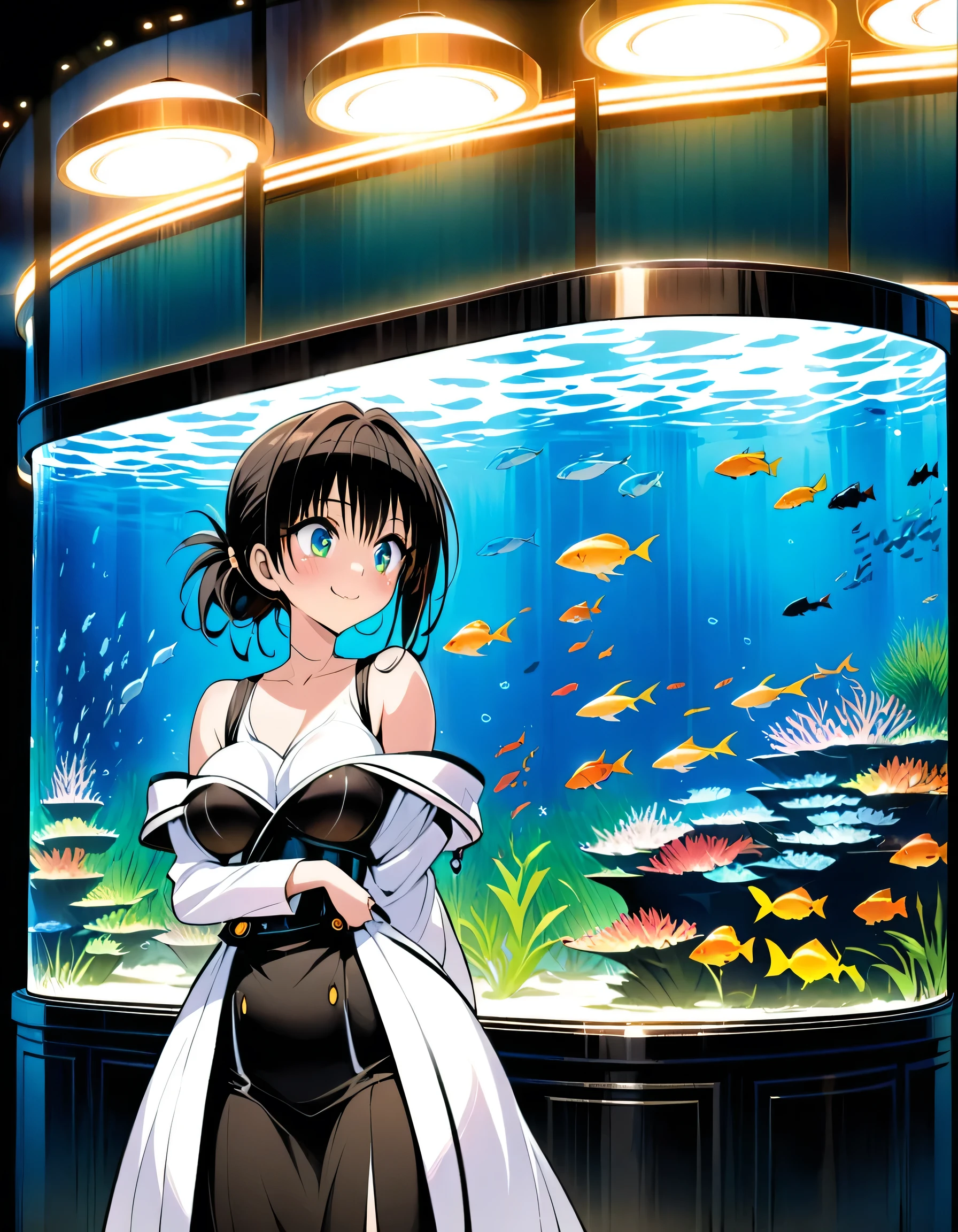 ((masterpiece, high quality illustration, high resolution, 16k)), detailed, delicate, aquarium setting, large tanks, colorful fish swimming, joyful, playful, amazed expression, observing fish, big but beautiful breasts, slim waist, fair skin, , slender, stylishly tied hair, modest, elegant outfit, no accessories, lovely smile, cute, beautiful face, gorgeous eyes, detailed facial expression, Kentaro Yabuki style, anime girl, manga, kawaii, artistic background, emotional depth, (overfit style:2.0), (negative_v2 Color_Balance_Calibration:0.8)