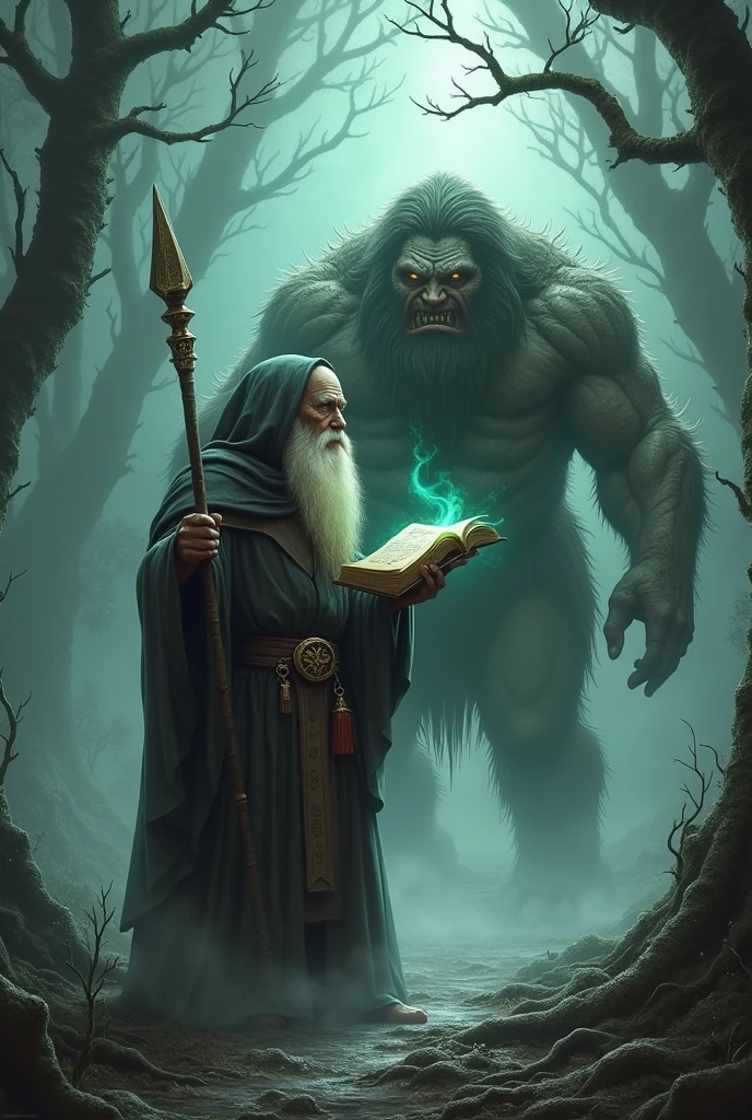 Powerful wizard, casting a spell with a magic staff in his right hand, while in the left he holds a spell book, against an angry troll in a ghostly swamp.