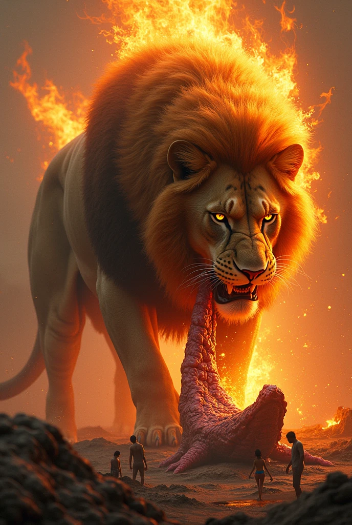 a mix between a lion and an elephant, aggressive, carnivore, sanglant