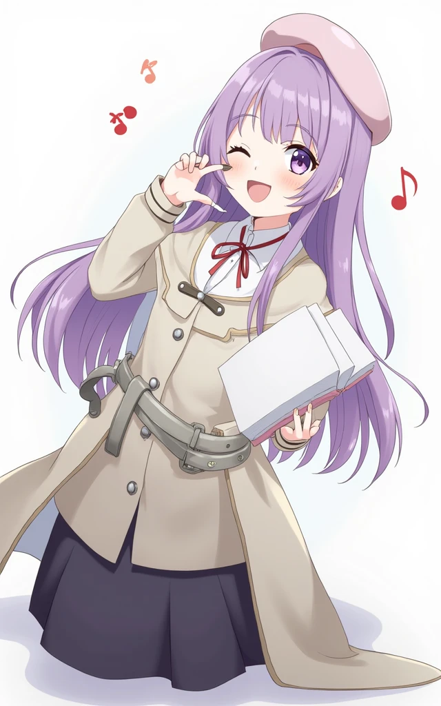 (Daisaku),(Need),(Super meticulous),(full bodyesbian:1.2),1girl,tchibi,adolable,ssmile,open-mouth smile, open-mouth smile,Light blue background,Raise your right hand,Hold a pencil in hand,Hold a book in your left hand,Music,Pink berets,cloak,The shirt, (short detailed:1.3)