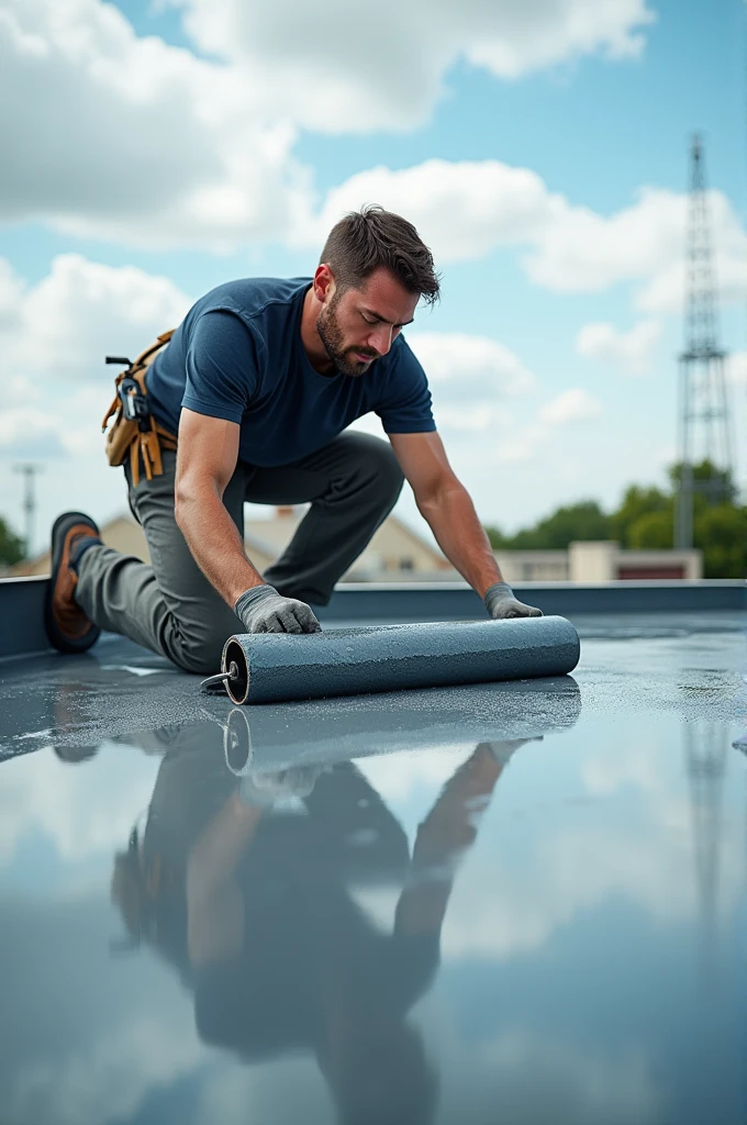 A man waterproofing a roof with liquid waterproofing film 