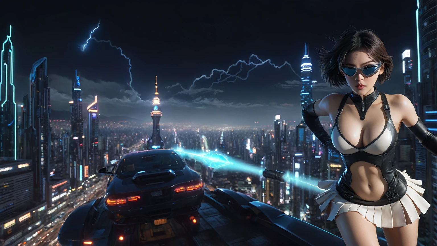 (Wide angle aerial view). At night, simple outlined cyberpunk city, flying cars, glowing ghost-like giant clock tower, lightning, line art background. At night, (1girl, solo, alone), photorealistic, large-breast slim:0.6 body, oval:0.5 face, cleavage:1.1, very low angle view of pleated miniskirt, deep-v, (upskirt), glove, (Matrix style black micro sunglasses), (aiming viewer with a short gun), dynamic running pose, (half-body thigh level close-up shot), cinematic lighting, ray tracing, motion blur background.