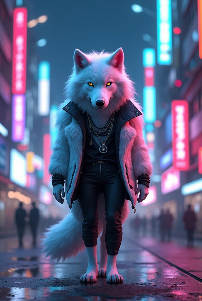 white wolf white fur pink inside ear Wear a cool black outfit in neon city