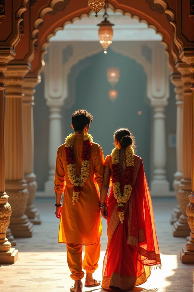 A18 year Indian cute girl walking in temple with traditional outfit with his boyfriend both have a flower pood