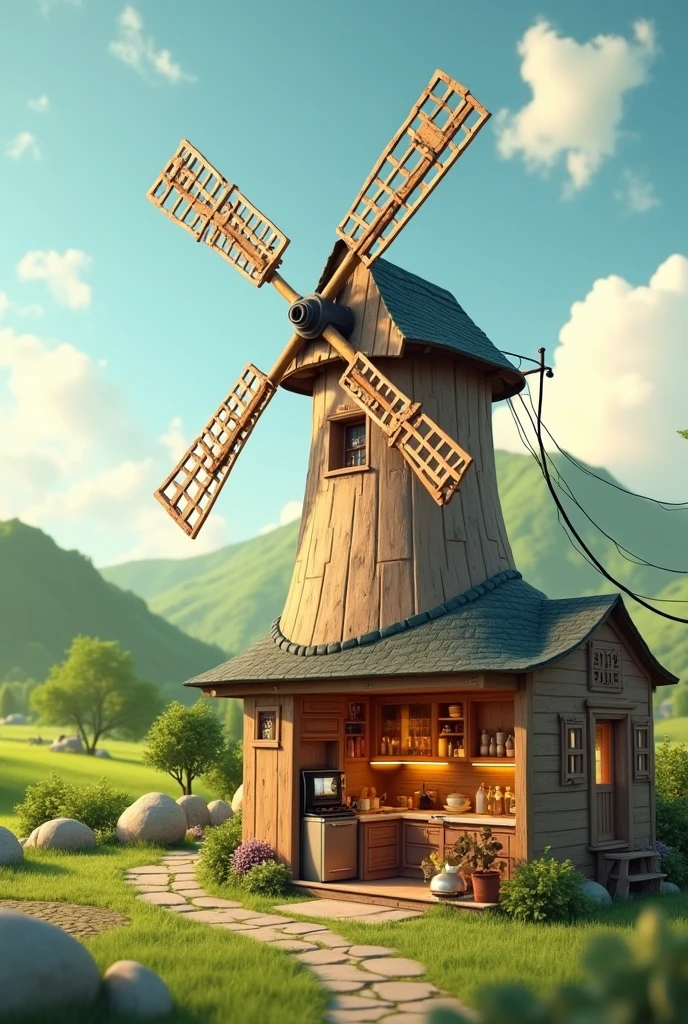 Show me an image of a windmill that is outside a house producing electricity and at the same time by cables, This electrical energy makes a cooking stove work and above this stove there is a kettle that produces thermal energy, the kitchen that is inside a house