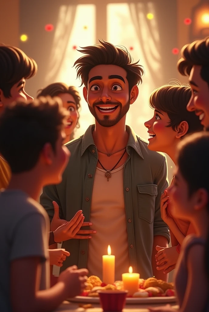 Arav surrounded by family and friends, smiling and celebrating.