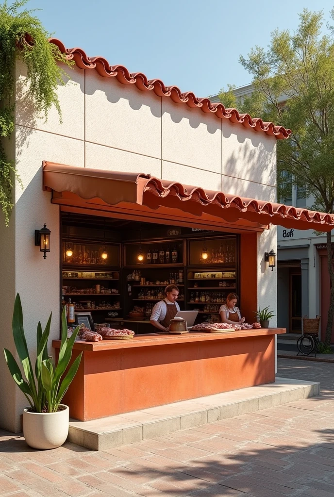 Commercial premises selling meat inside a market in a modern Mexican style using light colours and light-coloured stone cladding with a sloping front overhang of annealed red clay tiles