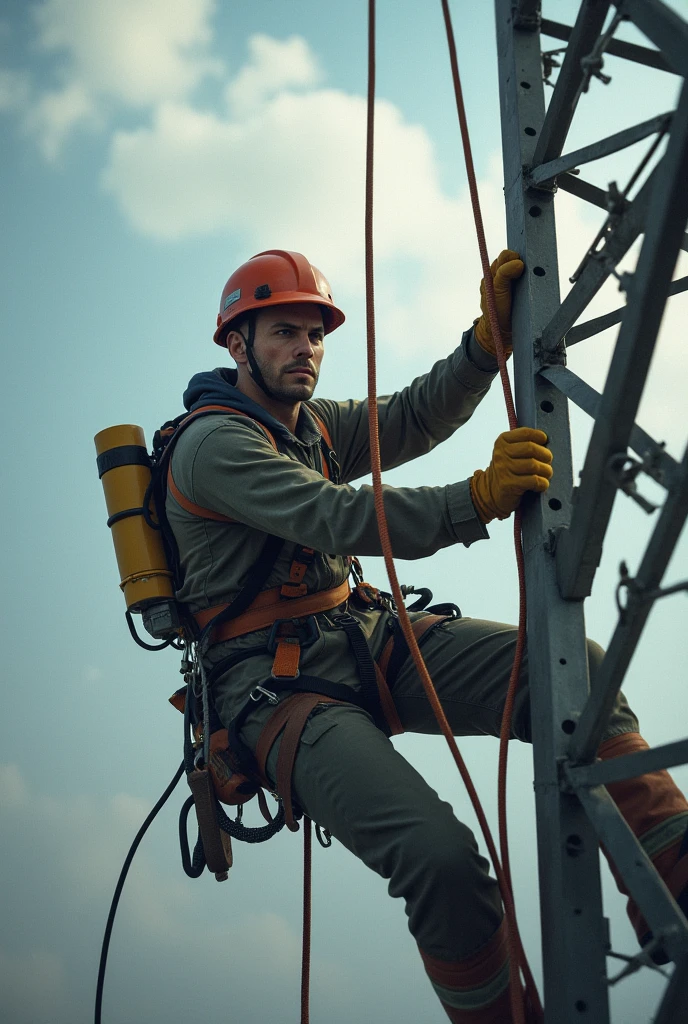 A technician is climbing a telecom tower to perform routine maintenance. As they ascend the tower, their climbing harness begins to malfunction. The locking mechanism fails, causing the technician to lose their primary safety tether. The technician is now dangling precariously from their secondary safety tether, which is straining under their weight.