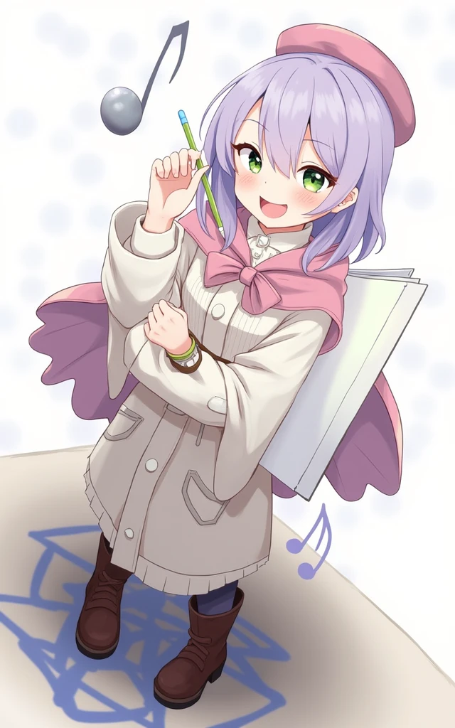 (Daisaku),(Need),(Super meticulous),(full bodyesbian:1.2),1girl,tchibi,adolable,ssmile,open-mouth smile, open-mouth smile,Light blue background,Raise your right hand,Hold a pencil in hand,Hold a book in your left hand,Music,Pink berets,cloak,The shirt, (short detailed:1.3)