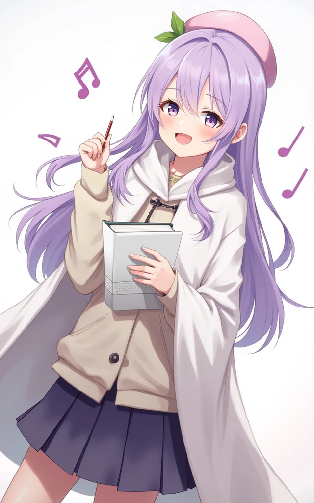 (Daisaku),(Need),(Super meticulous),(full bodyesbian:1.2),1girl,tchibi,adolable,ssmile,open-mouth smile, open-mouth smile,Light blue background,Raise your right hand,Hold a pencil in hand,Hold a book in your left hand,Music,Pink berets,cloak,The shirt, (short detailed:1.3)