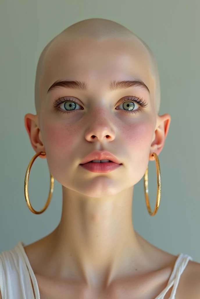 Photo of a white young teenage bald girl, that has a very natural face, thin lips, thin eyes, thin eyebrows, thin nose, large golden hoop earrings, long eyelashes. She makes a cute selfie, shiny bald head