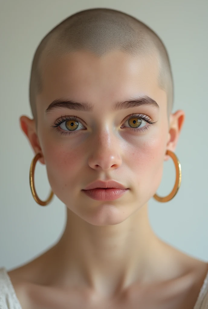 Photo of a white young teenage bald girl, that has a very natural face, thin lips, thin eyes, thin eyebrows, thin nose, large golden hoop earrings, long eyelashes. She makes a cute selfie, shiny bald head 