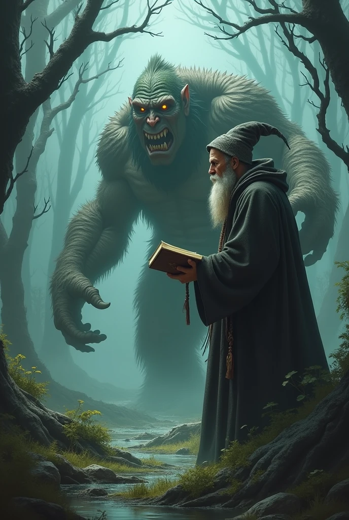 Powerful wizard, casting a spell with a magic staff in his right hand, while in the left he holds a spell book, against an angry troll in a ghostly swamp.