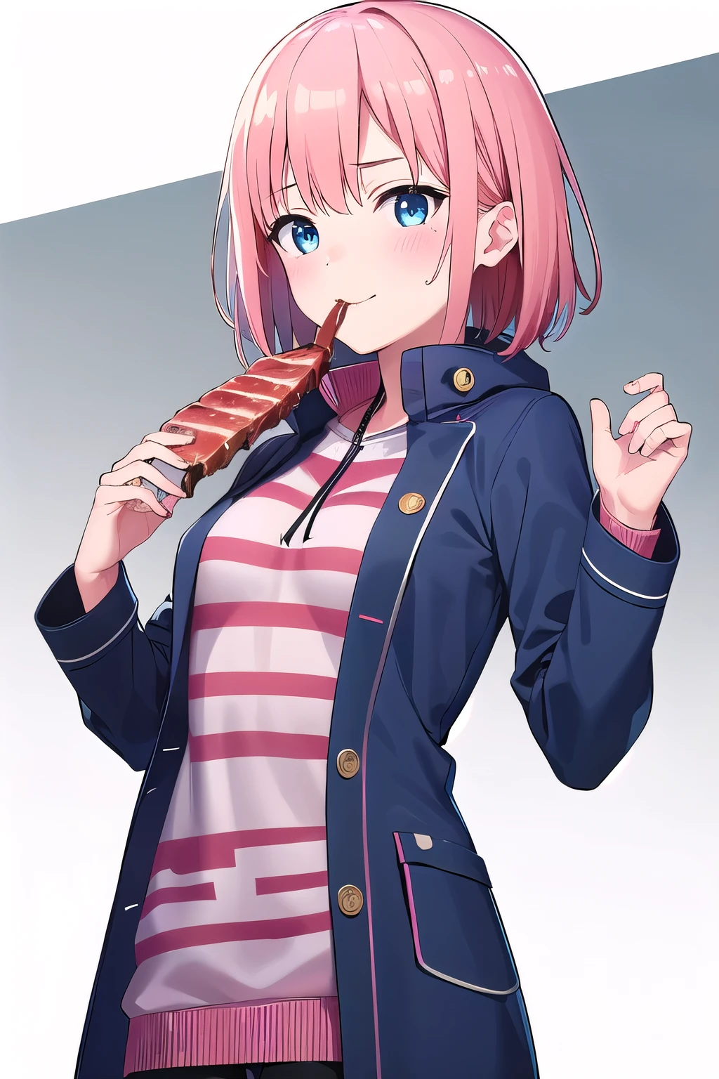girl,boyish, very short hair, pink Hair, medium Breasts, winter clothing ,Cowboy Shot,blush,sexy face,blue eyes,clearly,Striped pattern, (white background:1.3), eating barbecued meat