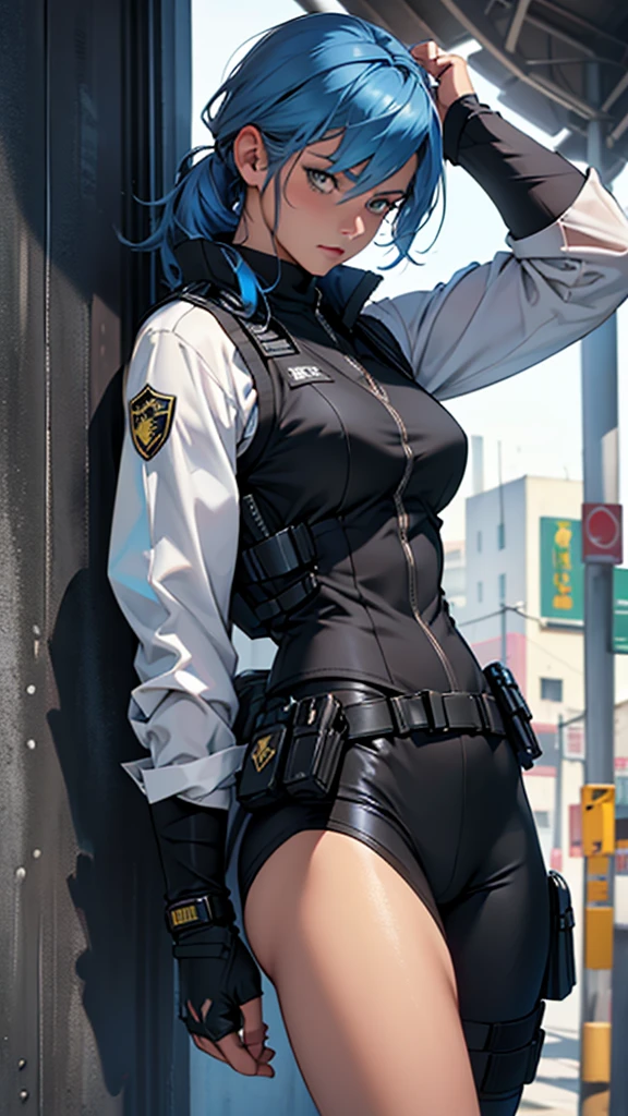 Beautiful girl detailed muscles realistic masterpieces (best quality,ultra-detailed), robin blue hair, fair skin, fit body, slim figure, narrow waist, (cocky expression), tactical black SWAT uniform, kevlar vest
