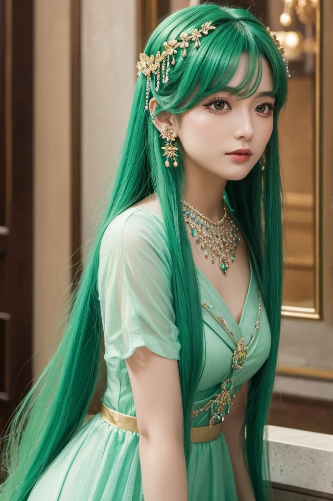 Green hair, beautiful woman, long hair, dress up, hair ornament, necklace