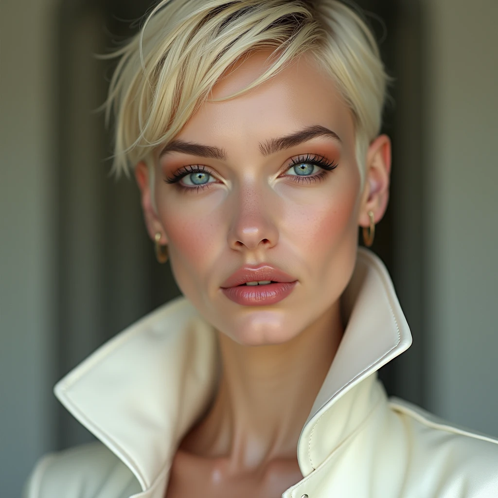 Adult female face, 20 years old, Unparalleled beauty, rich people, celebrity, arrogance, contemptuous, cruelty, Fine, clear, white skin without wrinkles or blemishes, Blonde, short hair, pixie cut, Forehead, arched, thin and light eyebrows, loose double eyelids, clear, reflective blue eyes, A straight, high nose, well-proportioned nostrils, dark lipstick, A clean and thin line from cheeks to chin, Shiny pearl white fashionable enamel suit with large open collars