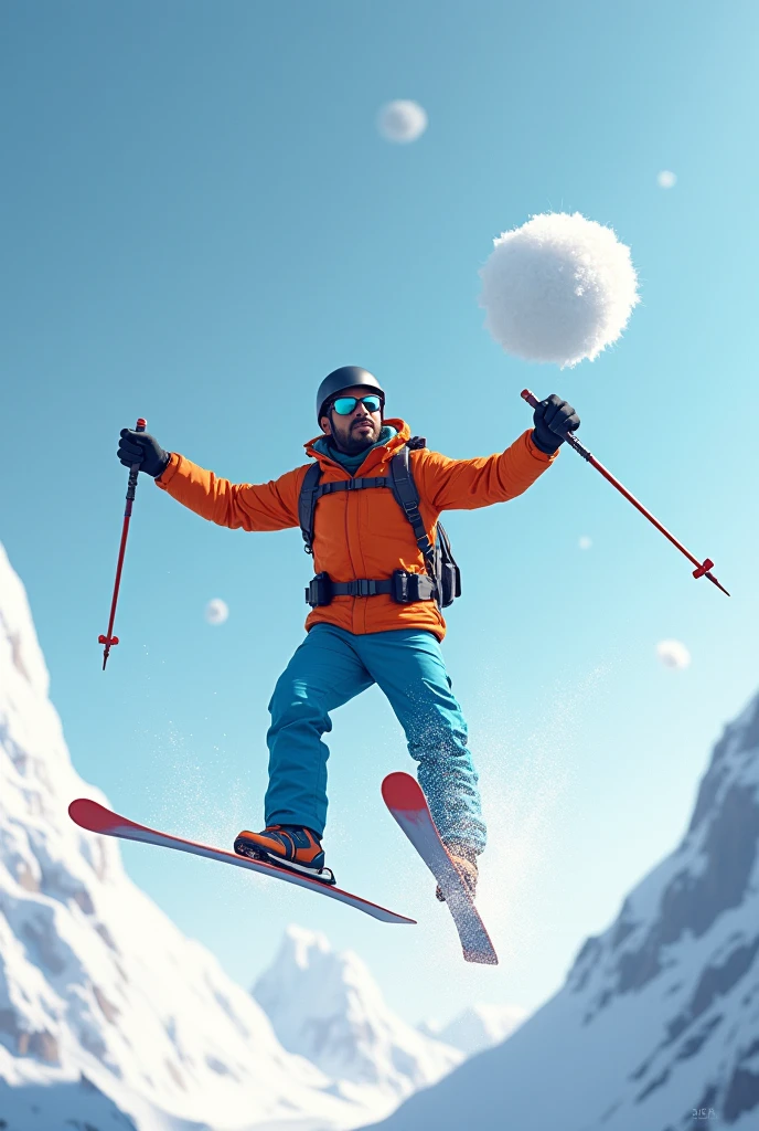 30 years Indian man is skidiving with poles on the snow mountain, very large snow ball is fall on him, he escaped and jumped in air and and he wears orange jacket, blue pant, helmet, black glasses. He holds poles with both hands, he's feeling like wow