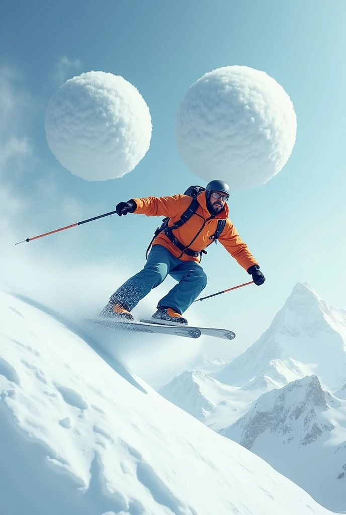 30 years Indian man is skidiving with poles on the snow mountain, very large snow ball is fall on him, he escaped and jumped in air and and he wears orange jacket, blue pant, helmet, black glasses. He holds poles with both hands, he's feeling like wow