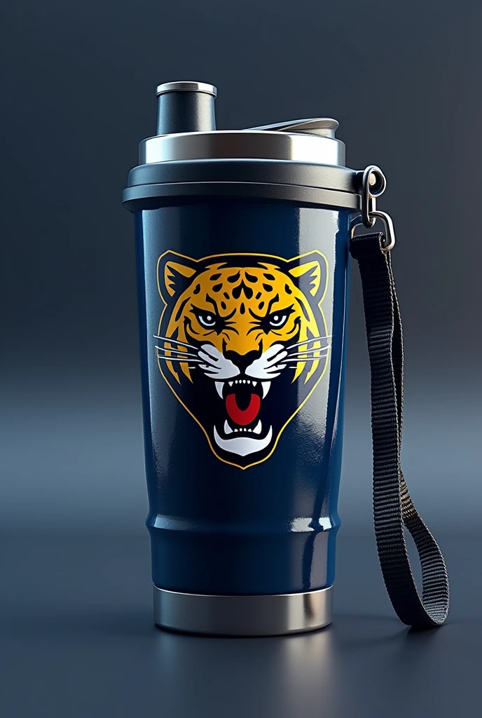 "Hello, I need your help to create a slogan for 'Atlética Predadora', a university athletic team with a jaguar mascot. The slogan must reflect power, mastery and excellence. Por favor, generate some impactful slogans that incorporate these elements and the concept of predator." Use visual elements with dark blue, white and gold, the jaguar with its original colors which is yellow with black tips. PROVIDE ME WITH A PICTURE OF WHAT AN ATHLETIC MUG WITH A STRAP WOULD LOOK LIKE